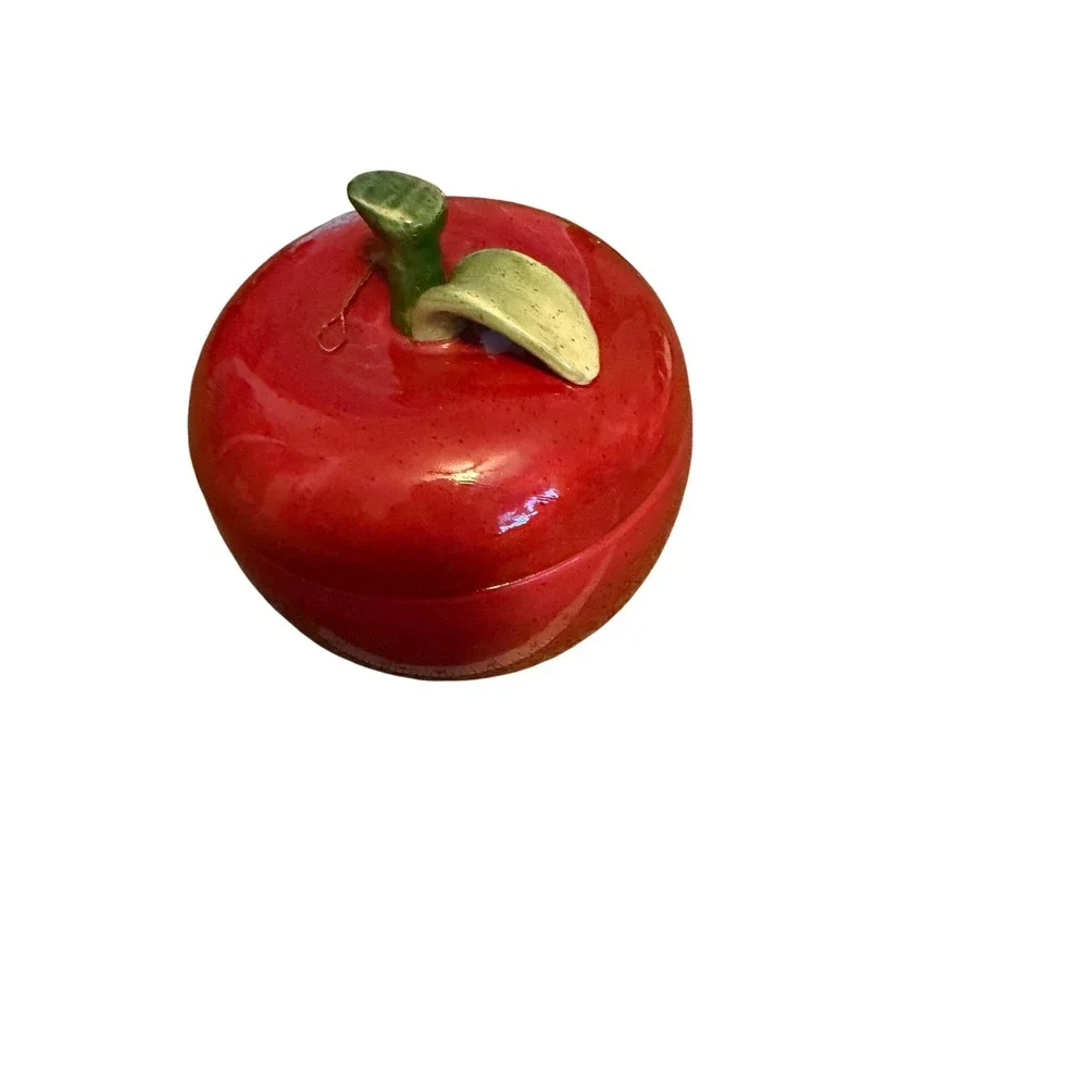 Ceramic Red Apple Jar with Lid Decorative Candle Pot Farmhouse Kitchen Decor